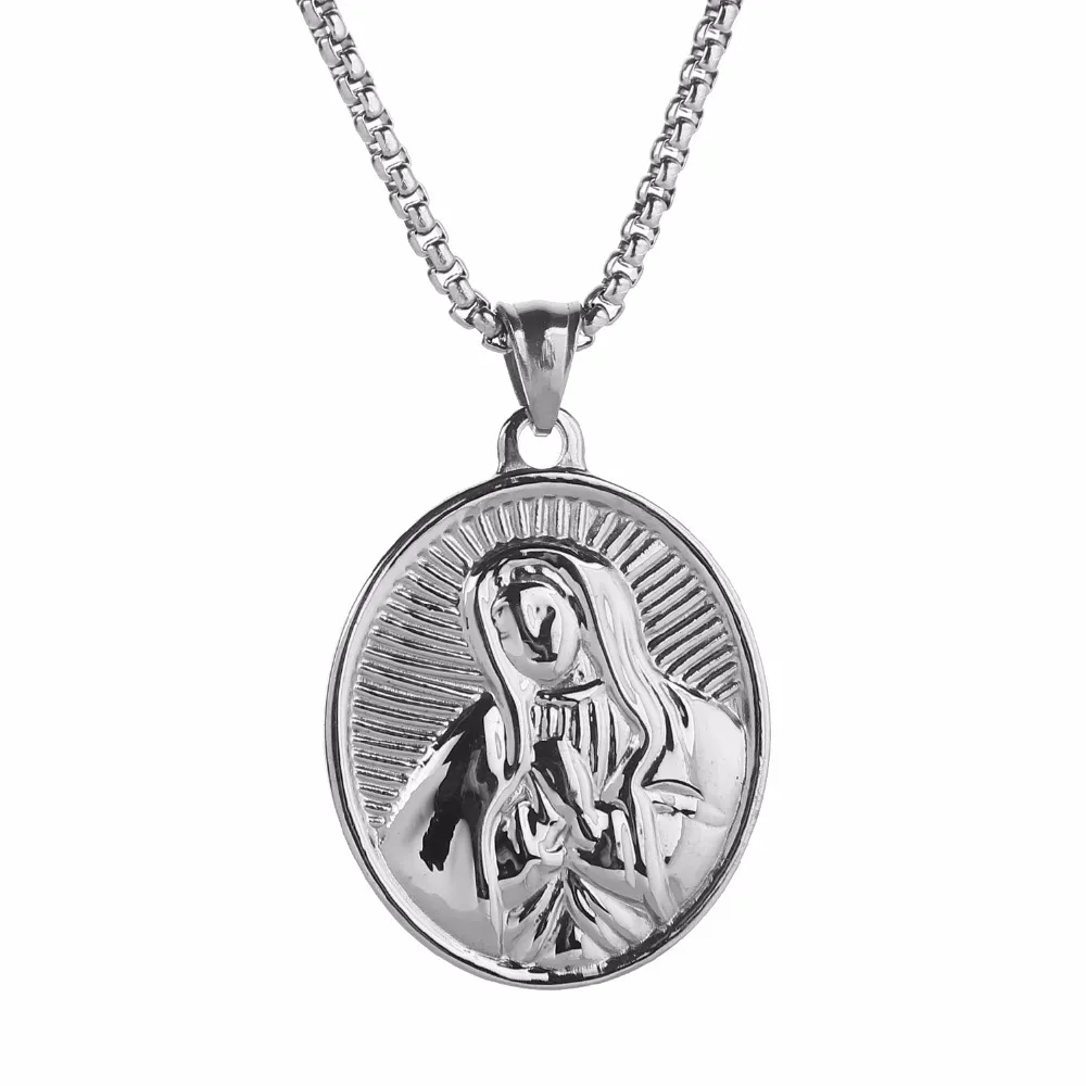 

Virgin Mary Maria Oval Miraculous Medal Pendant Stainless Steel Necklace for Men Women