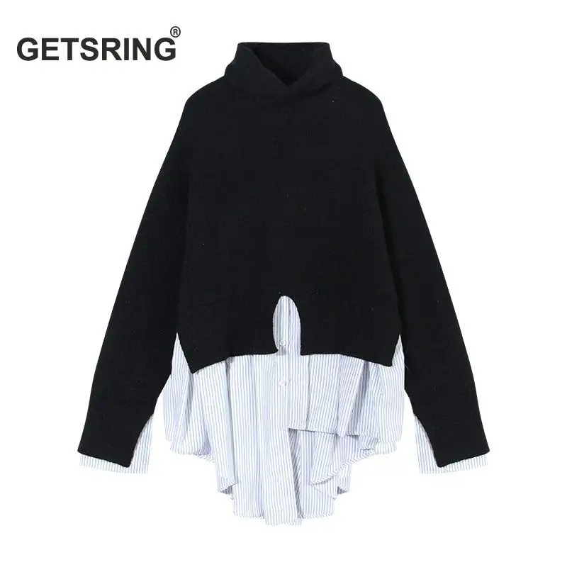 

GETSRING Women Sweater 2017 Winter Europe Fashion Turtleneck Sweaters Long Sleeved Fake Two Asymmetric Pullover Long Knitted