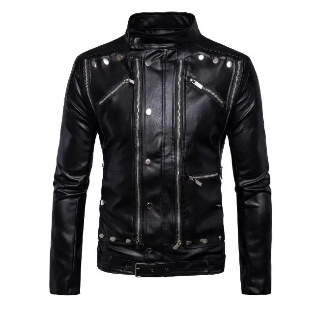 Новая Мода Мотоцикл Байкер Кожаные куртки заклепки мульти-молния черные мужские кожаные куртки пальто jaqueta de couro masculina 5XL - Цвет: 1