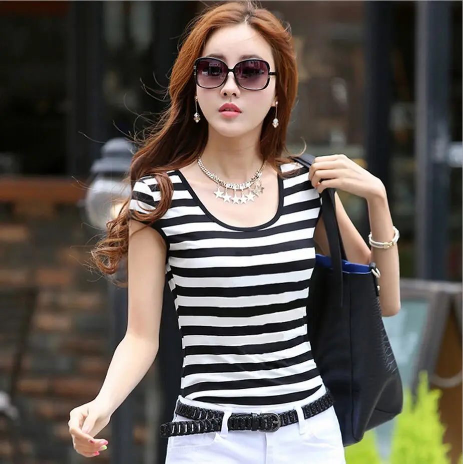 2015 New Fashion Black and White Striped T Shirt Women Tops with Strips ...