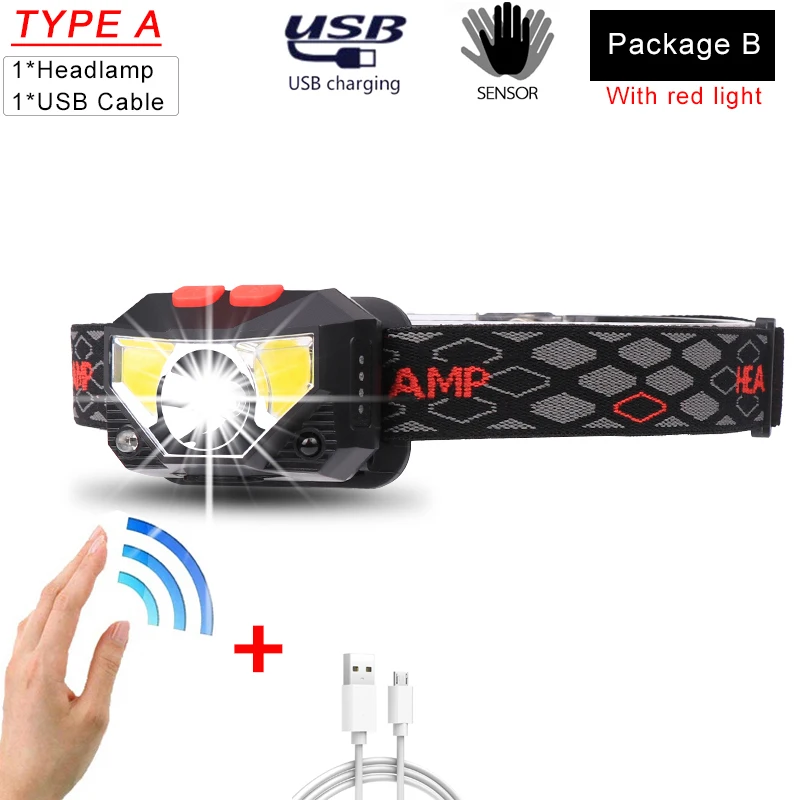 6500Lms Мощный светодиодный налобный фонарь перезаряжаемый с USB датчиком движения тела походный фонарик Головной фонарь - Emitting Color: package B