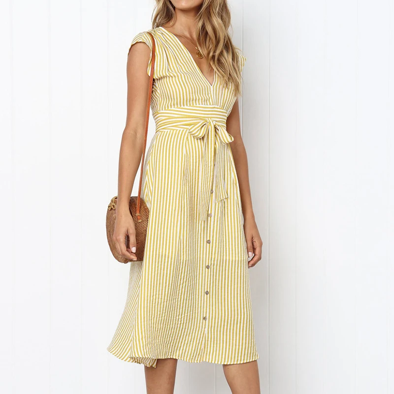 Women's Striped Mid-Calf Dress New Fashion Button Sexy V-Neck Short Sleeve Dresses Vestidos Female Casual Daily Party Sundress