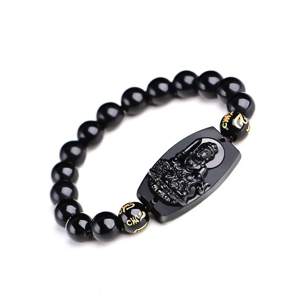 Высококачественный натуральный черный обсидиан резные талисман с Буддой круглые бусины браслет для женщин мужские ювелирные изделия браслеты - Окраска металла: 007