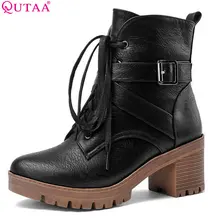 Qutaa/обувь женские зимние ботильоны на высоком каблуке женские ботинки в английском стиле из искусственной кожи обувь на платформе с круглым носком размеры 34-43