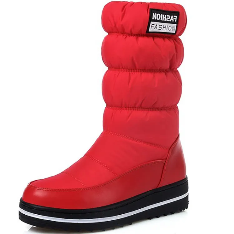 

Large size female shoes 2018 winter non-slip flat down bread dark blue red student tube plus velvet snow cotton boots.