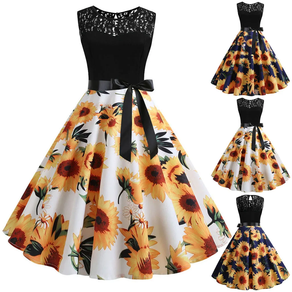 

Sunflowers Patchwork Lace Sleeveless Dress Women Vintage Style Splice Printing Bow Knot Casual Evening Party Prom Swing Dresses