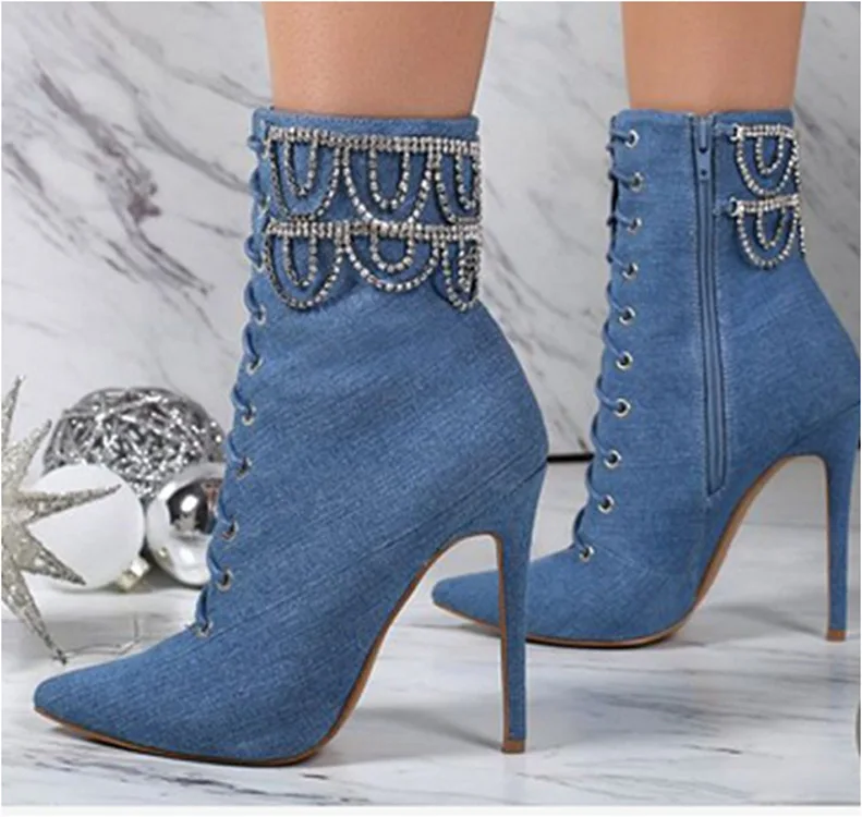 

US4-13 Women Rhinestones Crystal Tassel Stilettos High Heel Denim Jeans Ankle Boots Shoes Lace Up Hollow Out Summer Plus Sz A276