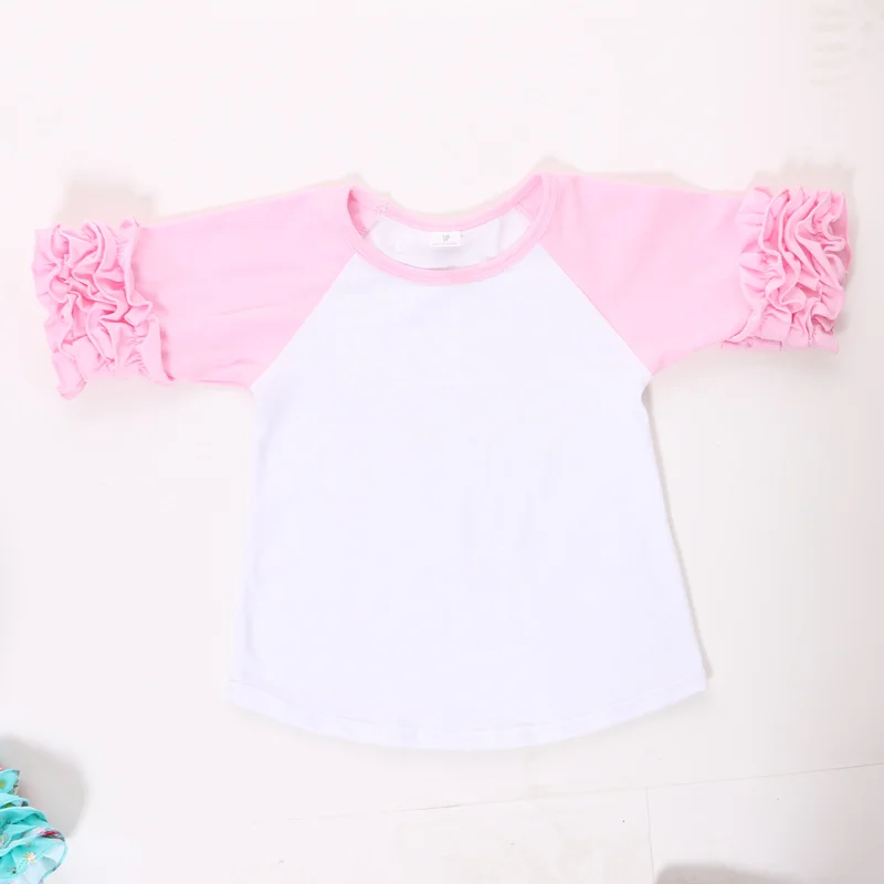 Футболка с оборками Топы с короткими рукавами для девочек рубашки для девочек детская одежда с пышным Регланом и цветочным принтом - Цвет: light pink