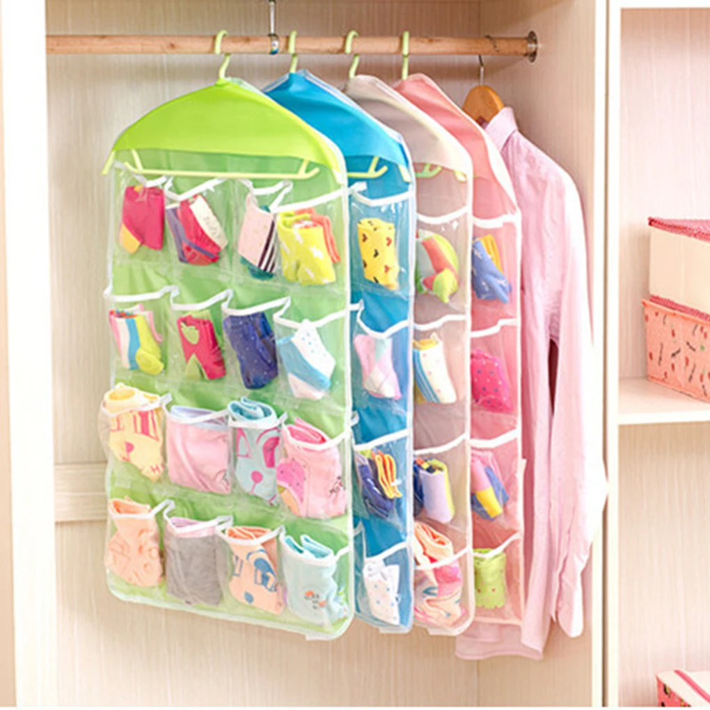 

16 Pockets Clear Hanging Bag Socks Bra Underwear Rack Hanger Storage Organizer