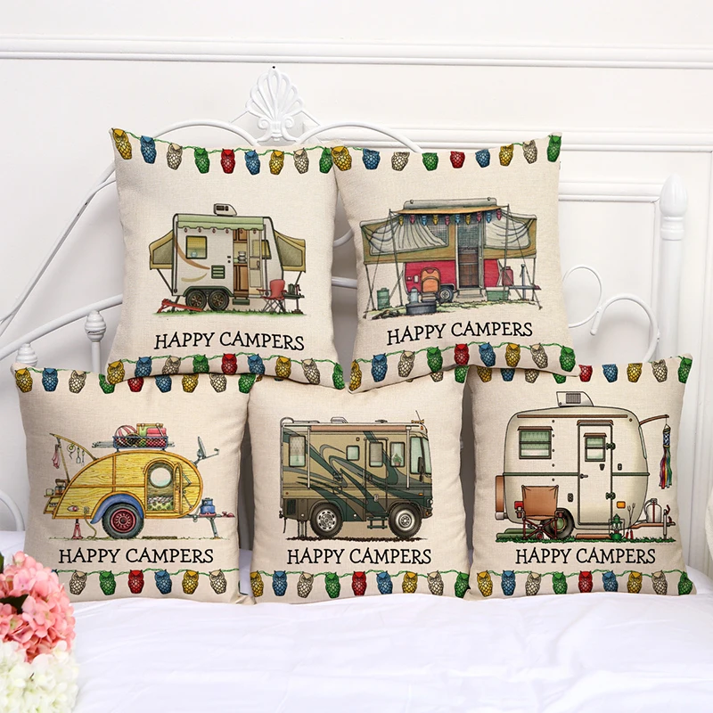 

1pc 45x45cm Cartoon Camping Caravan Series Cotton Linen Cushion Cover Sofa Car Decor Home Decorative Pillowcase
