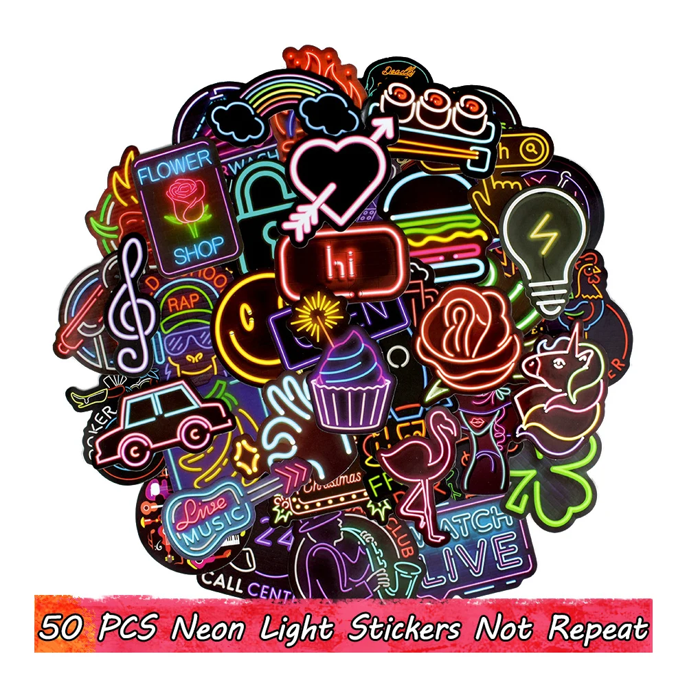 Stickers 50PCS Neon Light Waterproof Anime Kids Bomb Stickers on Laptop Skateboard Leaning Bts Guitar Emoji Baby Stickers Pack K