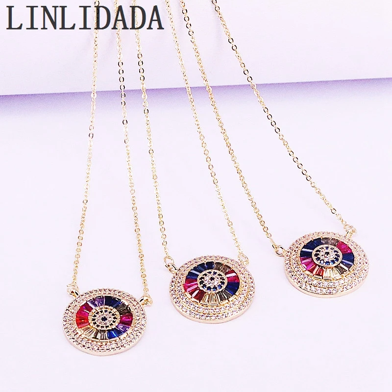 

5Pcs Multi Colorful CZ Zirconia Micro Paved Round Gold Color Pendant Necklaces
