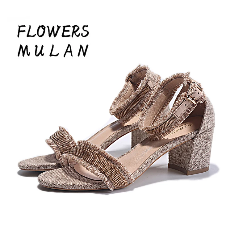 

New Design Women Sandals Summer Peep Toe One Buckle Shoes Woman Canvas Denim Upper With Crystal Cool Girl Footwear Big Size Shoe