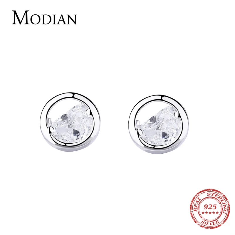 Modian, Новое поступление, очаровательные, в стиле панк, настоящее 925 пробы, серебряные, прозрачные, кубический цирконий, круглые, на удачу, серьги-гвоздики для женщин, серебряные ювелирные изделия