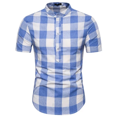 blue Синий и белый мужская клетчатая рубашка рубашки новые летние модные Chemise Homme Для мужчин s рубашки в клетку футболка с коротким рукавом Для мужчин блузка - Цвет: blue