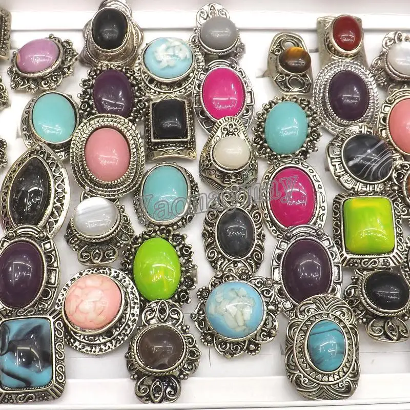 Retro Silver Tone Semi precious Stone Rings Adjustable Costume Rings