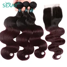 Sexay Professional Burgundy Human Hair 4 Bundles Pack With Closure Brazilian Body Wave Ombre 1B/ 99J Wine Red Human Hair Weave