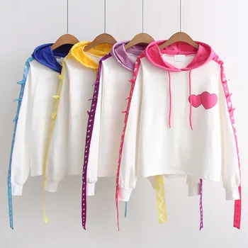 

Love embroidery women full sleeve sweet style Hoodies tops 2019 autumn new Ribbon patchwork Preppy Style Sweatshirts gx1174