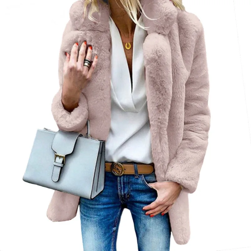 

Winter Faux Fur Coat Women Fluffy Luxury Elegant Pink Fake Fur Coat Cardigan Ladies Turn-down Collar Warm Outerwear Plus Size