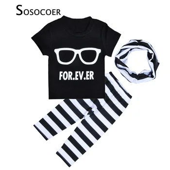

SOSOCOER Glasses Girl Boy Clothing Set For EV ER Baby Clothes Letter Pattern T-shirt+Stripe Pants+Scarf 3pcs Kids Clothing Sets