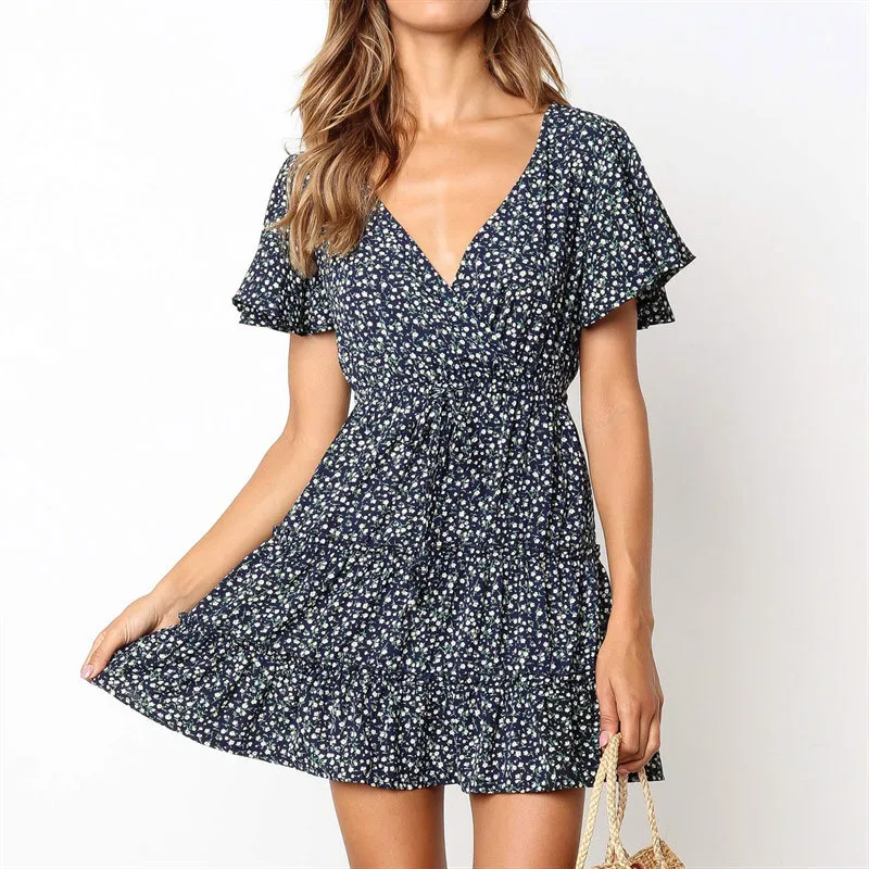 

Summer Dresses 2019 Short Sleeve Casual Women Dress Sexy V Neck Print Dress Ladies Party A-line Dresses Leisure Mini Vestido