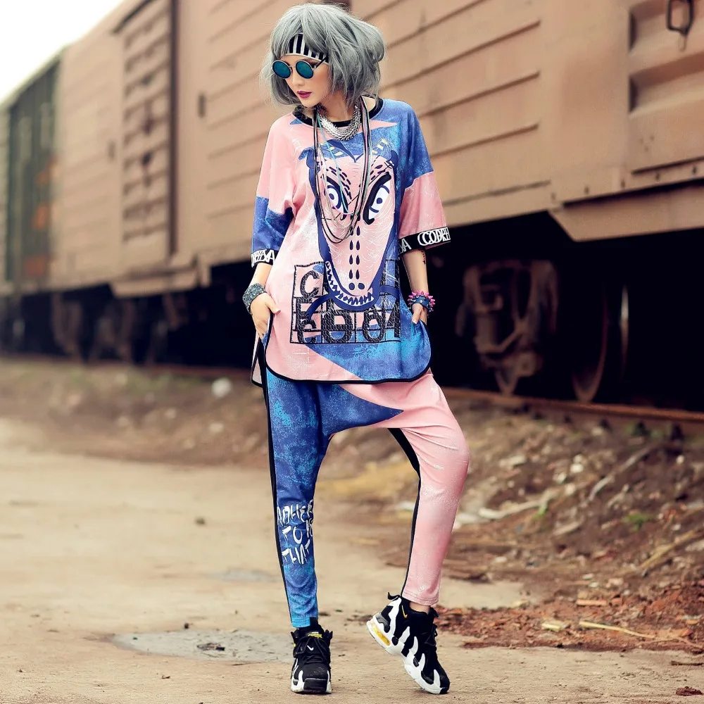 

2018 Fashion Women Sets Hip Hop Dance Clothes Loose Casual Printed Short Sleeve O Neck T Shirts Tops And Pants Streetwear