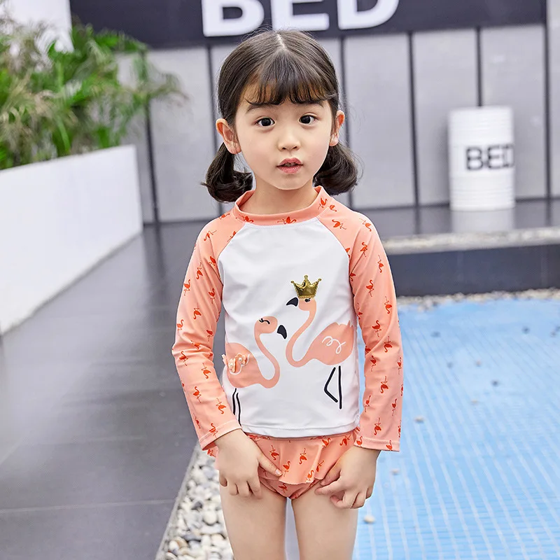Gilrs Swimsuit Pink Flamingo Printed Two Piece Set Rash Guards Swimwear Long Sleeve Shorts Dive Skin Sun Protection 1-7Y Kids