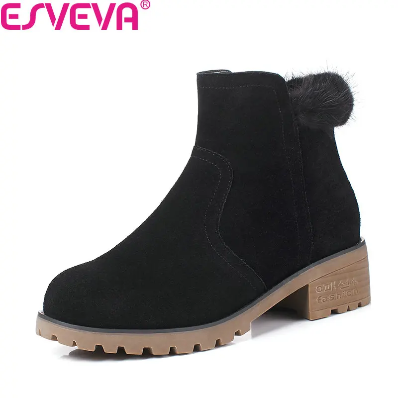 

ESVEVA 2018 fashion med heelWomen Boots Cow Suede Square Heel Ankle Boots black round toe women autumn spring shoes Size 34-40