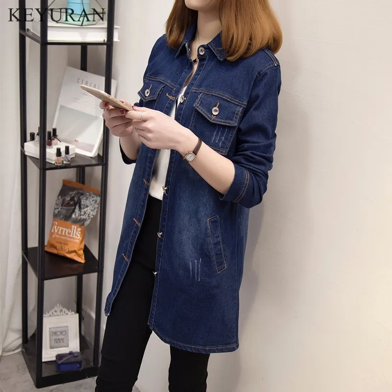 

Spirng Autumn Korean Denim Jacket Women Slim Long Base Coat Women's Frayed Blue Plus size Jeans Jackets Coats Large Size XL-5XL