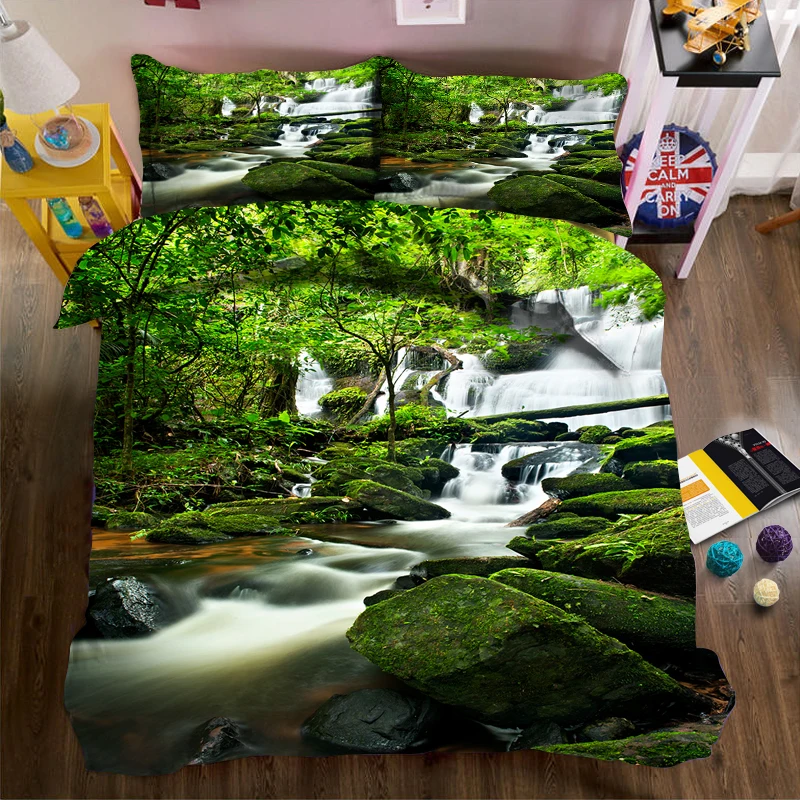 

Waterfall with Mossy Stones 3d effect photo bed linen can be customized photo pattern