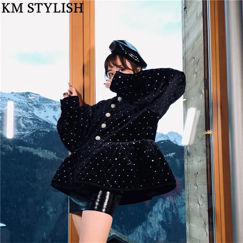 hiver 2018 Noir Manches Lanterne Sequin Sequin De Longues Plaid L'industrie Veste Velours Broderie Automne Femmes Nouveau diamond Lourde Diamant ZZfwTr5qc