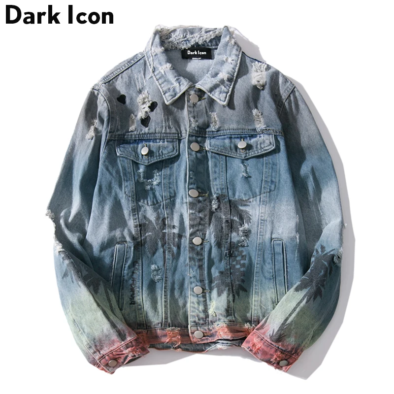 Dark Icon Ripped Denim Jacket Men 2018 Turn-down Collar Jeans Jacket Hip Hop Jacket Coconut Tree Jackets for Man Male Clothes