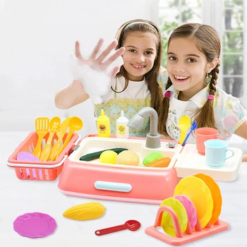 

Children Plastic Pretend Play Toy Kitchen Electric Dishwasher Sink Playset - Orange Yellow