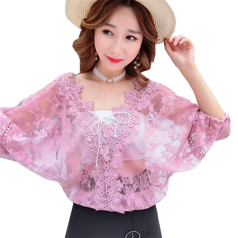 

Summer Autumn Women Lace Blouse Floral Embroidery Shirt Sexy Hollow Out Perspective Short Blouses Two Pieces Set Tops SF1017