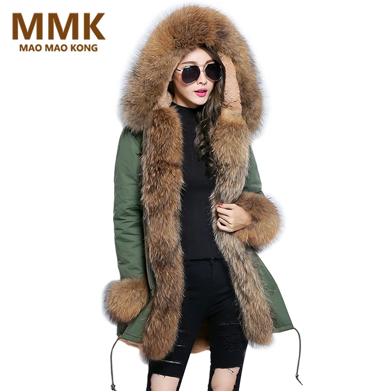 

2018 New Winter Parka Jackets Women Winter Coat Long Real Raccoon Fur Collar Cuff Placket Warm Outwear High Quality Hot Sale