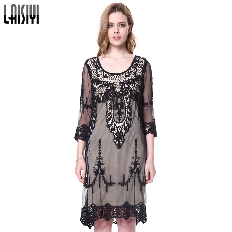 LAISIYI Черное Сетчатое прозрачное кружевное платье с цветочной вышивкой Vestido De Renda DR10120 - Цвет: Черный
