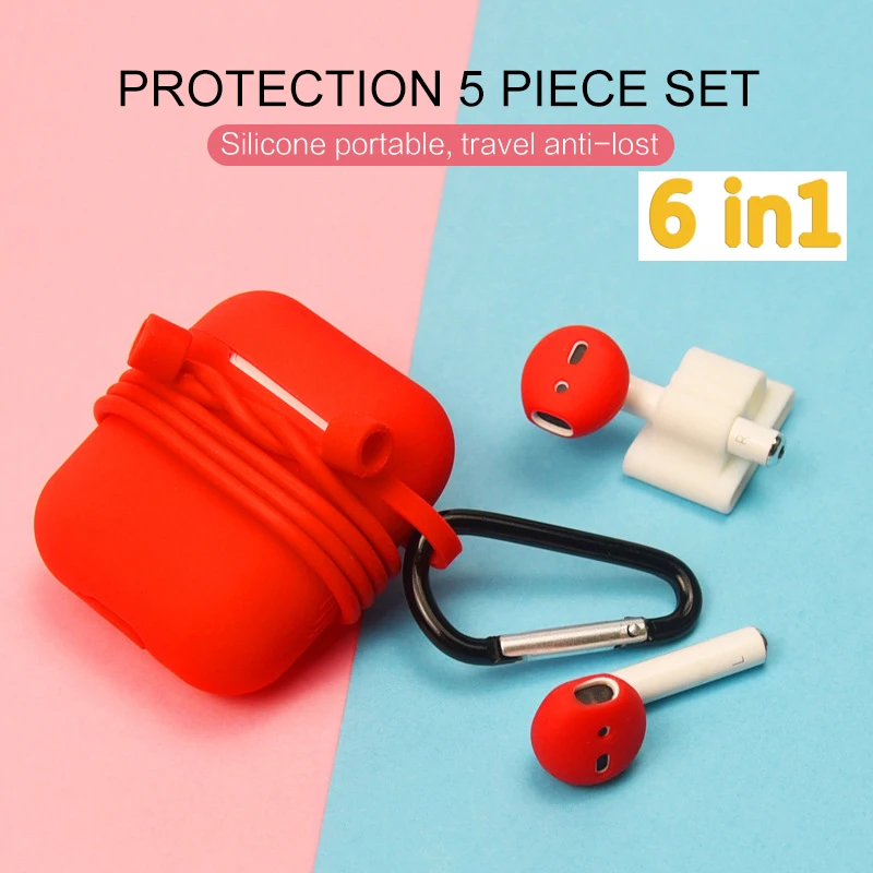 

6in1 Non-slip Silicone Case Cover Earphone Pouch Protective Skin Anti-lost Wire Eartips Wireless Earphone Case for Apple AirPods