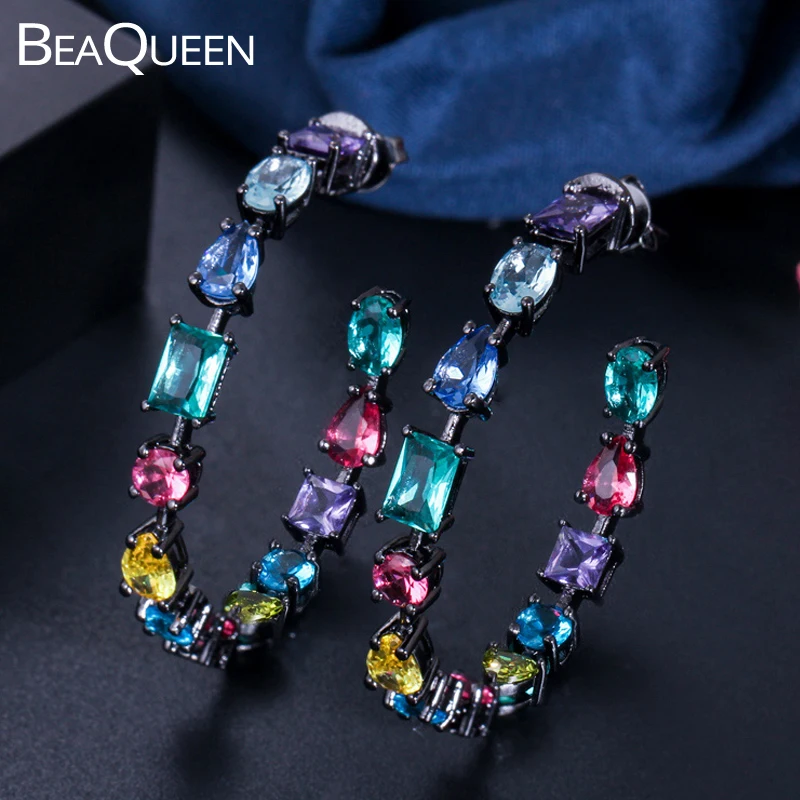 

BeaQueen Brand Multicolor CZ Crystal Big Rainbow Circle Hoop Earrings for Women Black Gun Color Round Shape Vintage Jewelry E276