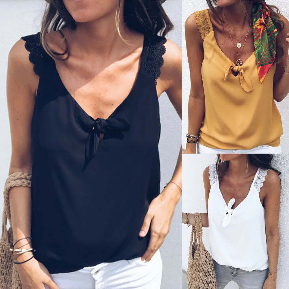 

Women Lady V-Neck Vest Summer Loose Lace Casual Sleeveless Backless Solid Bow Tank Tops Camis