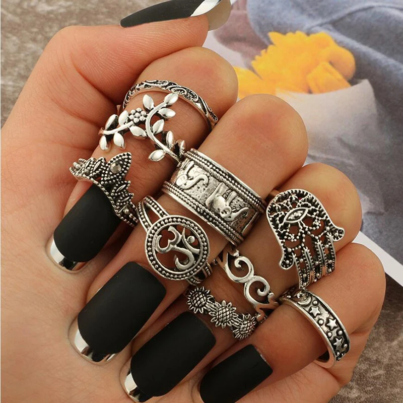 

9pcs/set Boho Midi Finger Rings Set for Women Punk Elephant Flower Hollow Out Sliver Knuckle Rings Jewelry Gift