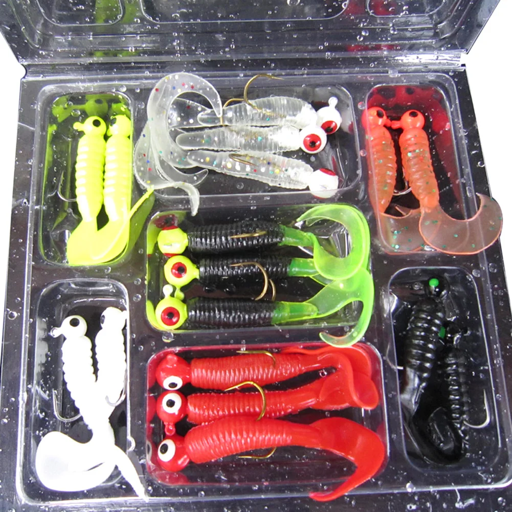  17pcs/set Fishing Lure Lead Jig Head Hook Grub Worm Soft Baits Shads Silicone fishing tackle FE5# 