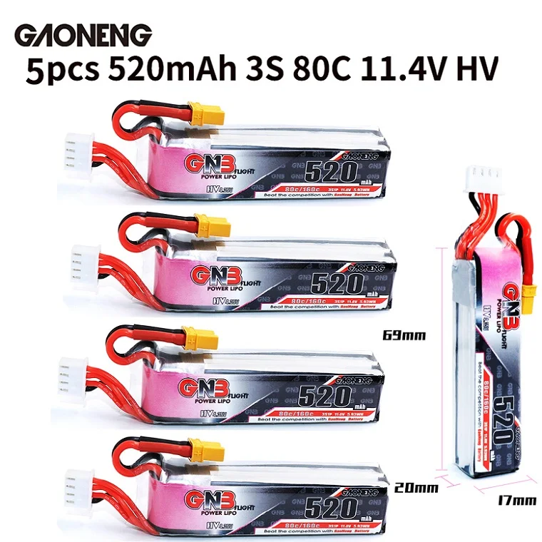 Gaoneng GNB 520mAh 11,4 V Lipo батарея 80C 3S HV 4,34 V RC батарея XT30 Разъем для RC гоночный FPV Дрон RC аксессуары для мультикоптера - Цвет: 5pcs 520mAh 3S 80C