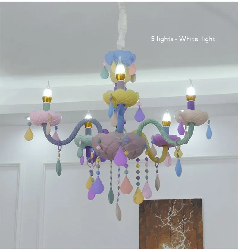 Personality colorful glass for children's room decoration chandelier macaron color crystal LED E14 lighting hanging chain adjust