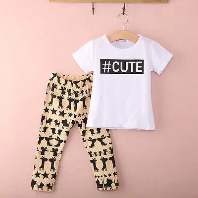 

2016 New Fashion Toddler Baby Kids Girls Clothes Short SLeeve Letter Cute Printed T-shirt Tops+ Animal Pattern Pants Outfit 2019