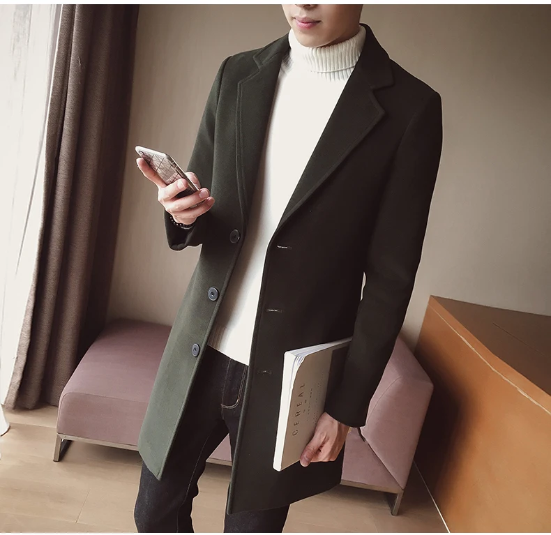 Зимний модный мужской Одноцветный однобортный плащ/мужской повседневный приталенный длинный шерстяной пиджак большого размера 4XL 5XL