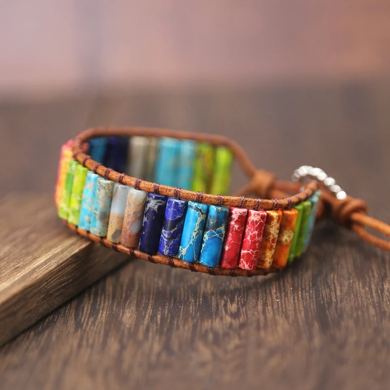 

NEW Chakra Bracelet Jewelry Handmade Multi Color Natural Stone Tube Beads Leather Wrap Bracelet Couples Bracelets jewelry Gifts