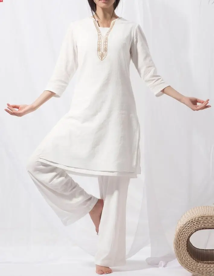 cotton&linen White embroidery tai chi clothing yoga suit women zen