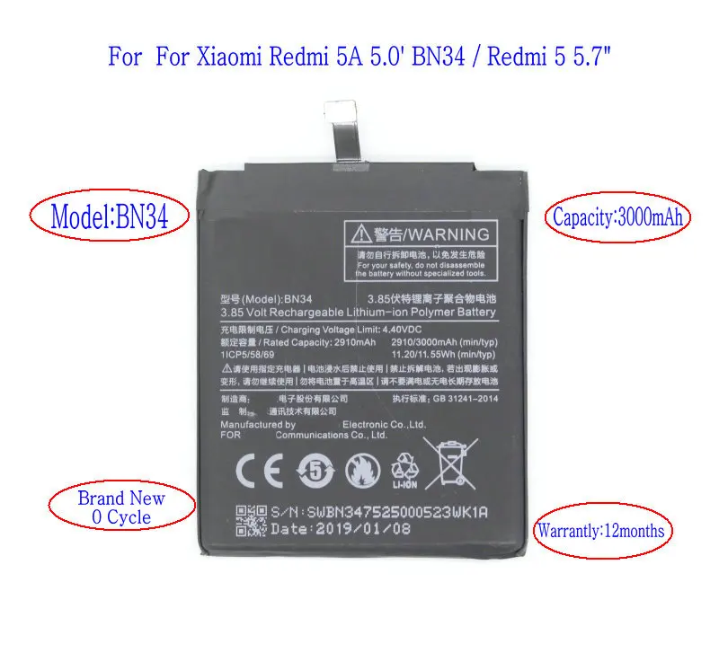 Ciszean 1x BN34 3 8 V 3000mAh Сменный аккумулятор для Xiaomi Redmi 5A 5 0 ɻN34/Redmi 7 &quotаккумулятор