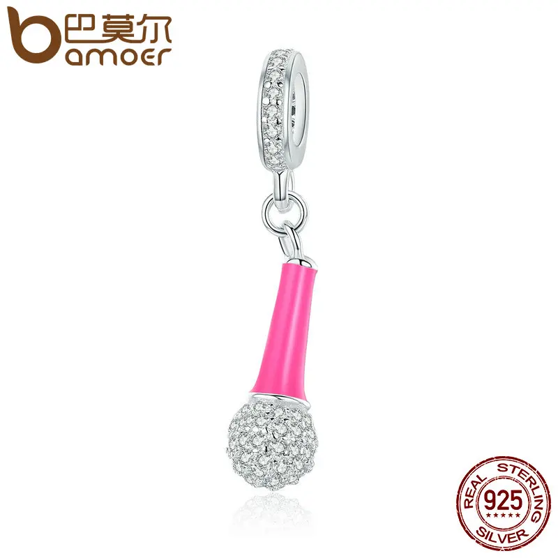 BAMOER Genuine 925 Sterling Silver I Love Singing Microphone Clear CZ Pendant Charm fit Women Bracelet DIY Beads Jewelry SCC440