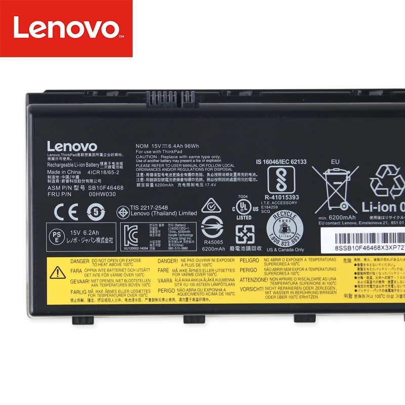 Аккумулятор для ноутбука lenovo ThinkPad P70 P71 P72 серии SB10F46468 00HW030 78+ 15V 96Wh 6.4Ah